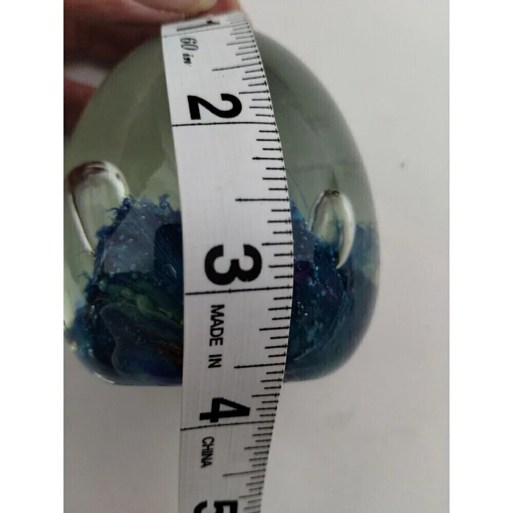 Blue Egg Shape Art Glass Paperweight Controlled Bubbles Design‎ Handcrafted